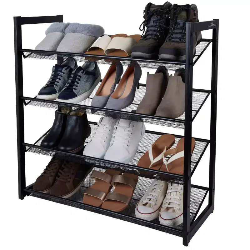 Organize It All Scarpiera Organizer a 4 Ripiani con Rete Nera: Struttura in Ferro, Contiene 16 Paia, Indipendente, Profondità 29,8"