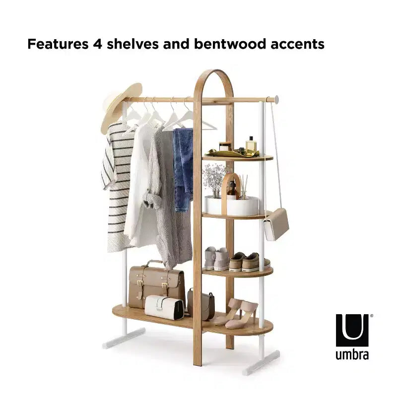 Umbra Bellwood Appendiabiti Bianco/Naturale: Telaio in Eucalipto, Asta e Ripiani Fissi, 167 cm H, Capacità 55 kg