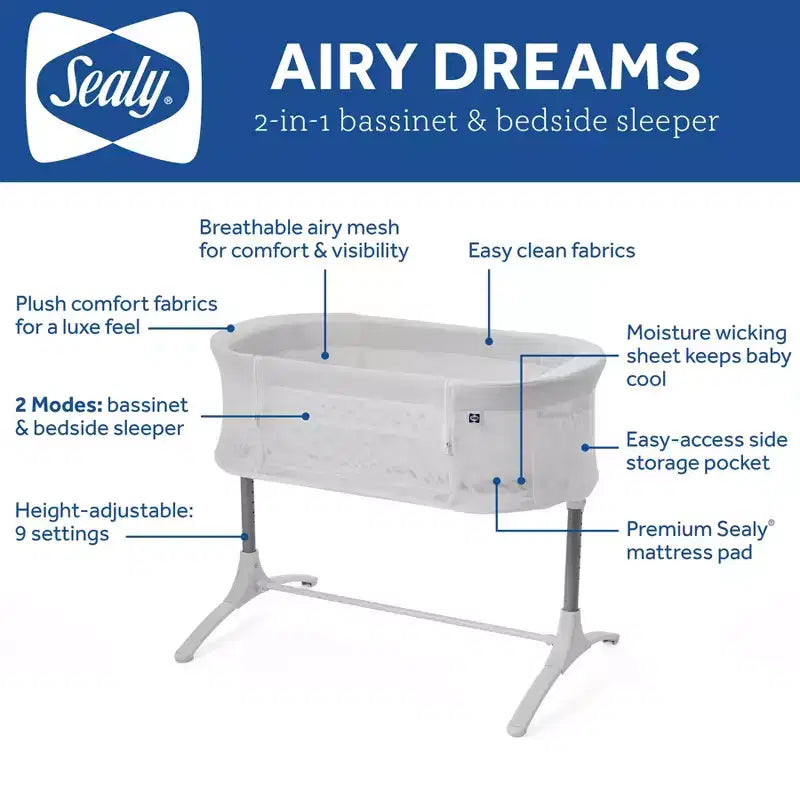 Culla 2-in-1 Sealy Airy Dreams e Culla fianco letto: Altezza regolabile, Telaio in acciaio, Include materasso/imbottitura