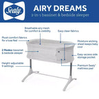 Culla 2-in-1 Sealy Airy Dreams e Culla fianco letto: Altezza regolabile, Telaio in acciaio, Include materasso/imbottitura