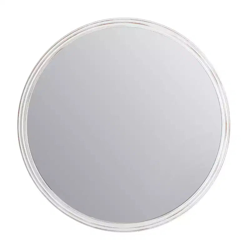 Brewster 30" Round Carved Frame Wall Mirror White: Distressed Finish, No Assembly Required