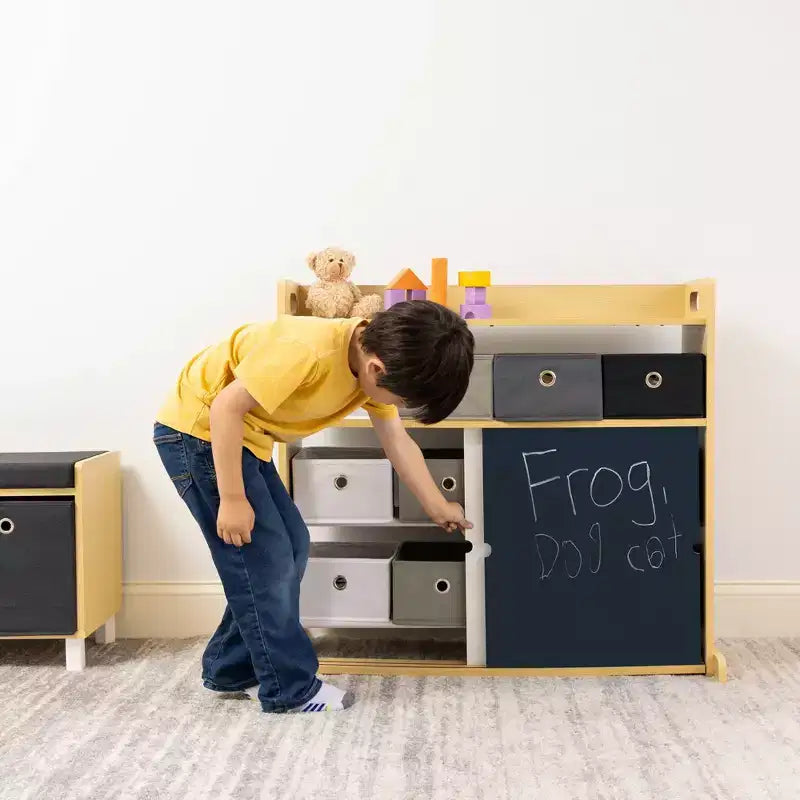 Humble Crew Organizer per bambini con contenitori in tessuto e ante illustrate Legno naturale: struttura in MDF, 1 ripiano, età 2+, 86 cm L x 81 cm H