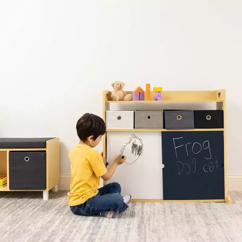Humble Crew Organizer per bambini con contenitori in tessuto e ante illustrate Legno naturale: struttura in MDF, 1 ripiano, età 2+, 86 cm L x 81 cm H