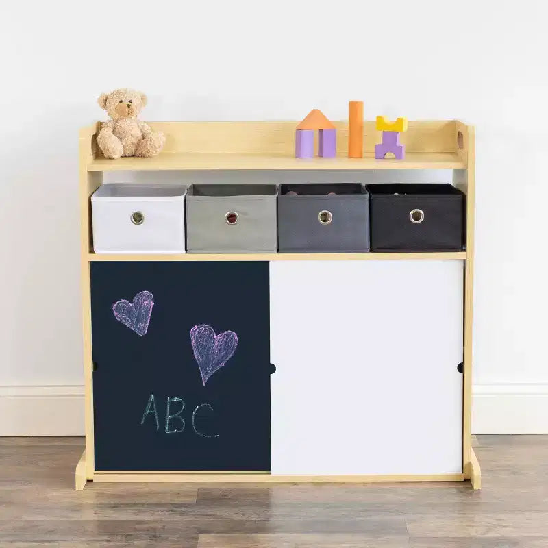 Humble Crew Organizer per bambini con contenitori in tessuto e ante illustrate Legno naturale: struttura in MDF, 1 ripiano, età 2+, 86 cm L x 81 cm H