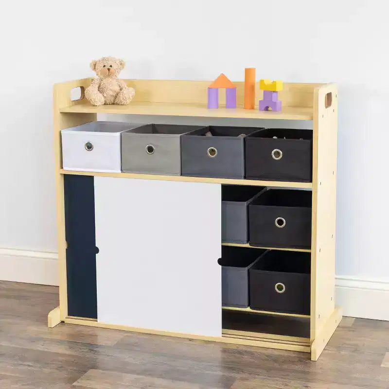 Humble Crew Organizer per bambini con contenitori in tessuto e ante illustrate Legno naturale: struttura in MDF, 1 ripiano, età 2+, 86 cm L x 81 cm H
