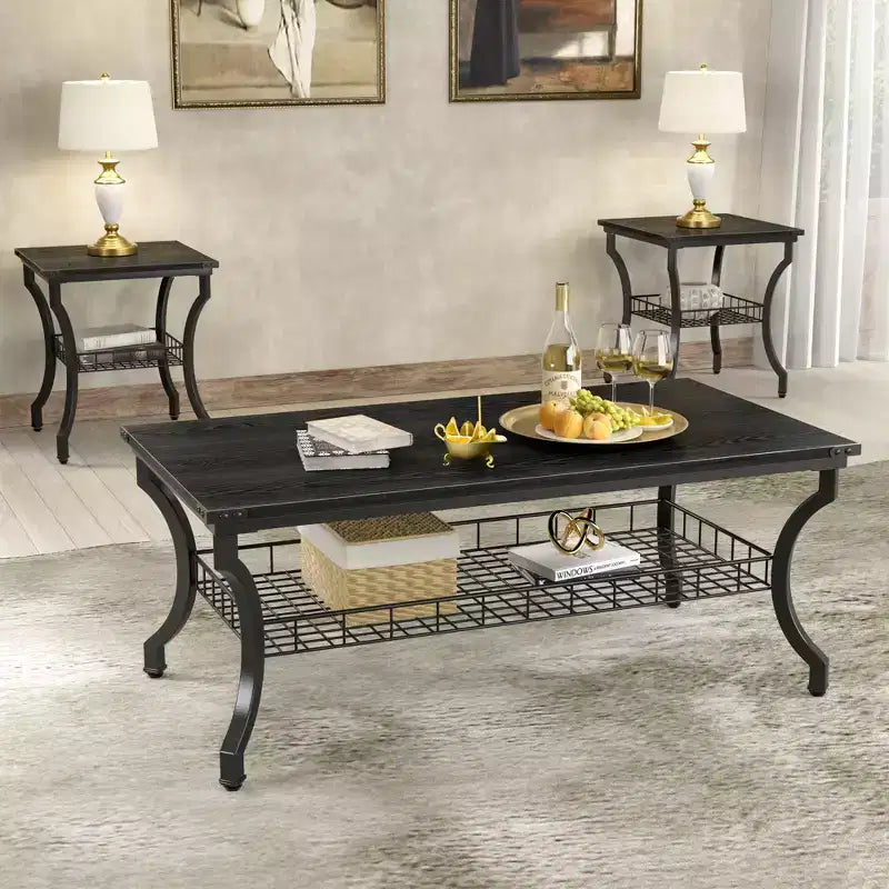 VECELO Set of 3 Coffee Table Sets2 Tier End Table with Open Storage Shelf for Living Room, Bedroom