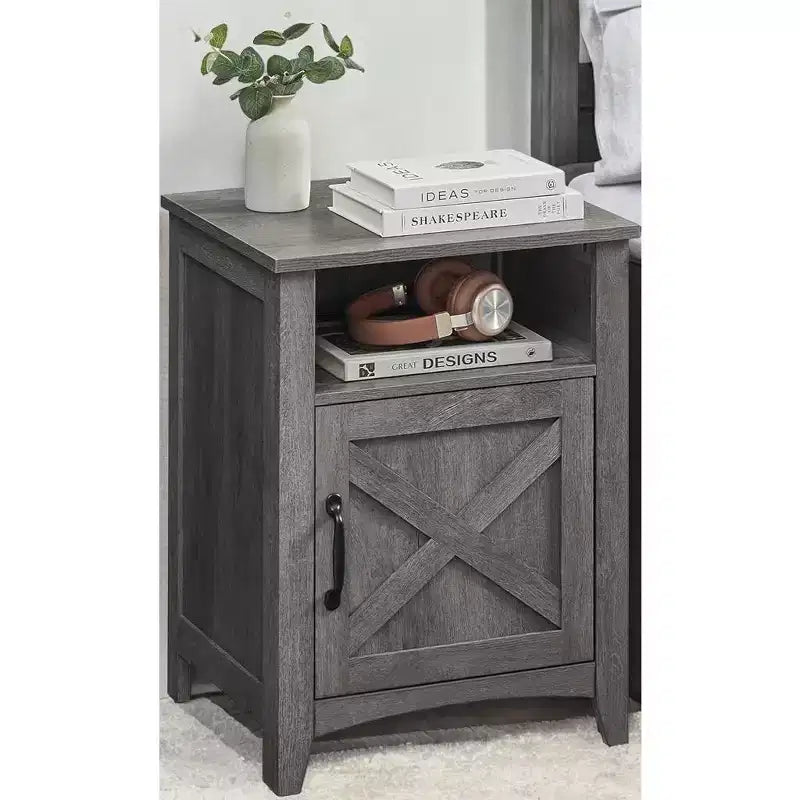 Nightstand with Barn Door, Storage Bedside Table with Open Compartment, Misty Gray, 132 - lb Capacity