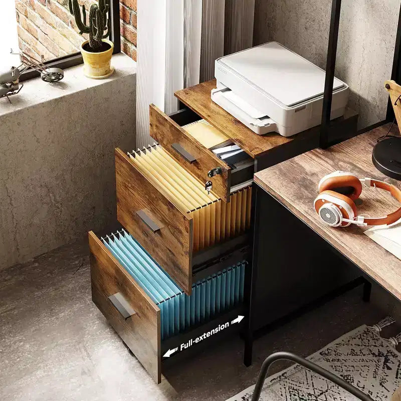 DEXYLLO Cassettiera con rotelle a 3 cassetti con serratura, classificatore in legno adatto per formato Letter/A4 per ufficio domestico