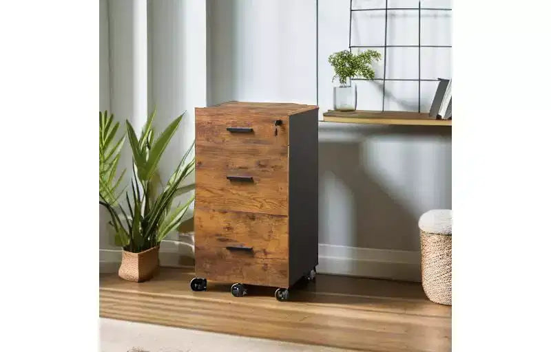 DEXYLLO Cassettiera con rotelle a 3 cassetti con serratura, classificatore in legno adatto per formato Letter/A4 per ufficio domestico