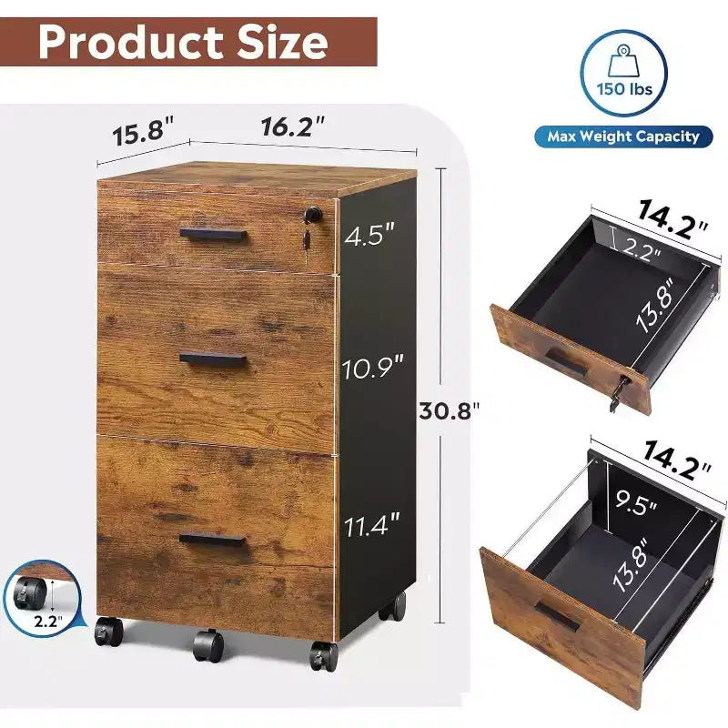 DEXYLLO Cassettiera con rotelle a 3 cassetti con serratura, classificatore in legno adatto per formato Letter/A4 per ufficio domestico
