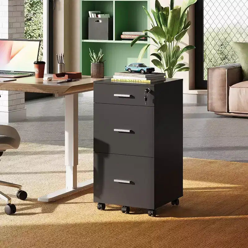 DEXYLLO Cassettiera con rotelle a 3 cassetti con serratura, classificatore in legno adatto per formato Letter/A4 per ufficio domestico