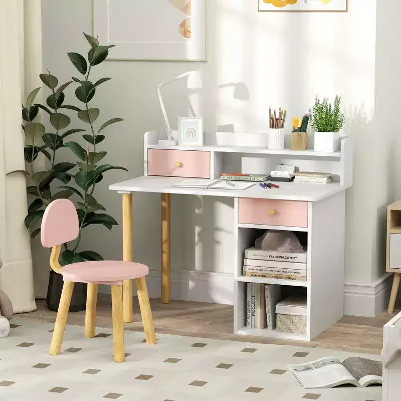 Set Scrivania e Sedia Qaba Kids con Contenitore, Scrivania Studio per Bambini per Camera da Letto e Studio, Bambine e Bambini dai 3 agli 8 Anni, Rosa
