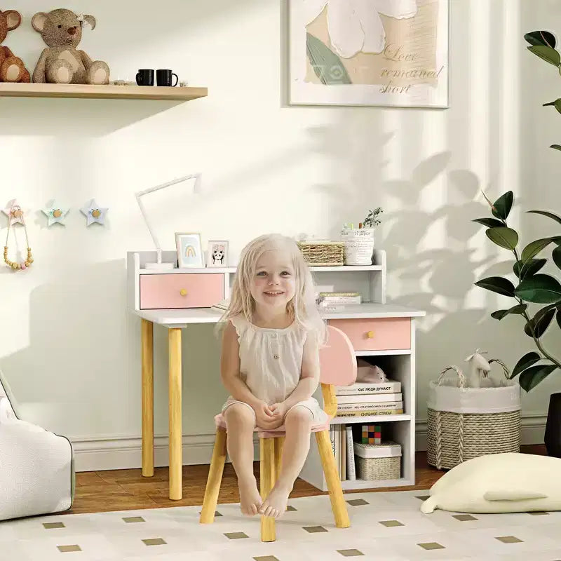 Set Scrivania e Sedia Qaba Kids con Contenitore, Scrivania Studio per Bambini per Camera da Letto e Studio, Bambine e Bambini dai 3 agli 8 Anni, Rosa
