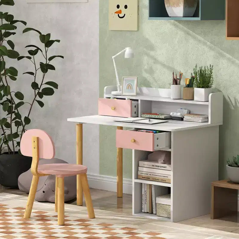 Set Scrivania e Sedia Qaba Kids con Contenitore, Scrivania Studio per Bambini per Camera da Letto e Studio, Bambine e Bambini dai 3 agli 8 Anni, Rosa