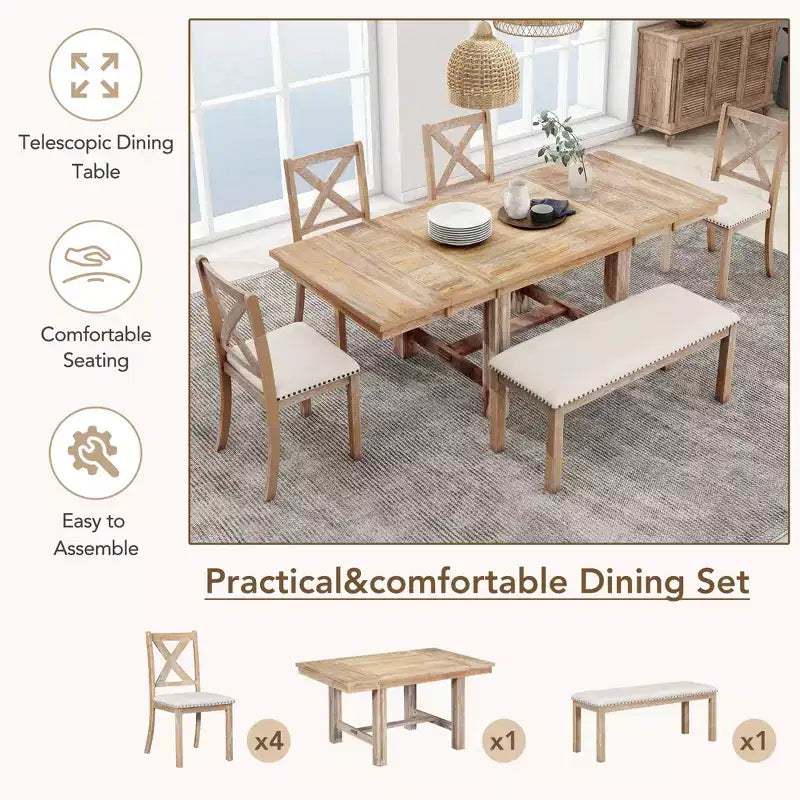 Tavolo da pranzo allungabile Whisen Farmhouse 6 pezzi con 4 sedie imbottite e panca