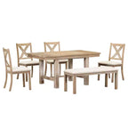 Tavolo da pranzo allungabile Whisen Farmhouse 6 pezzi con 4 sedie imbottite e panca