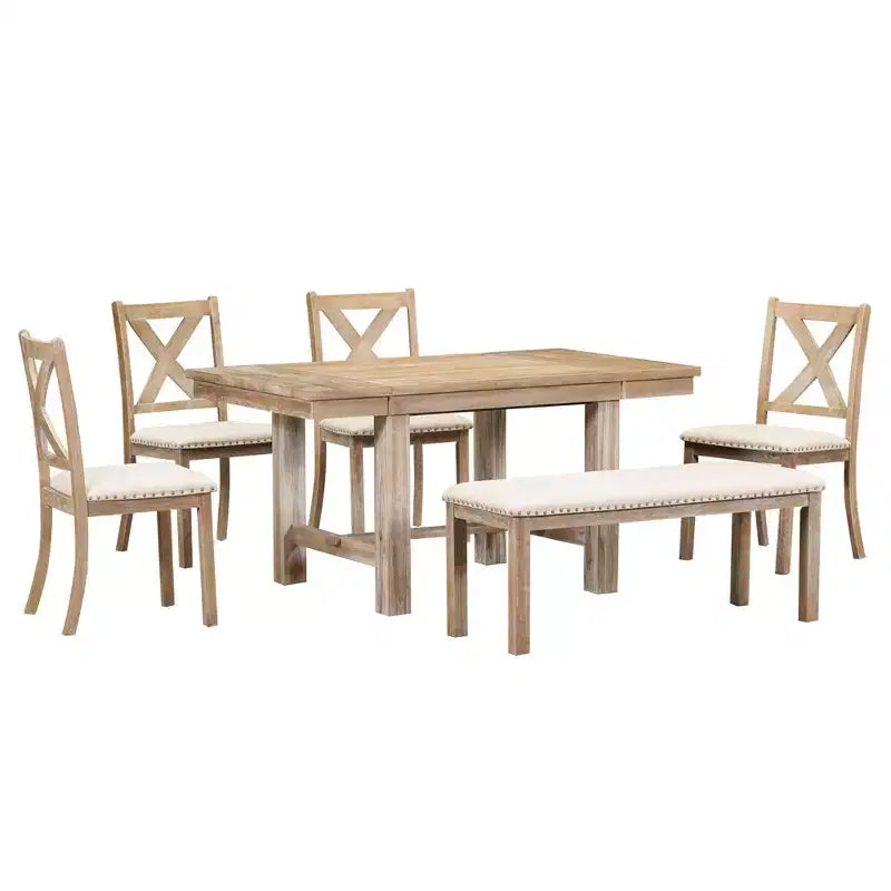 Tavolo da pranzo allungabile Whisen Farmhouse 6 pezzi con 4 sedie imbottite e panca