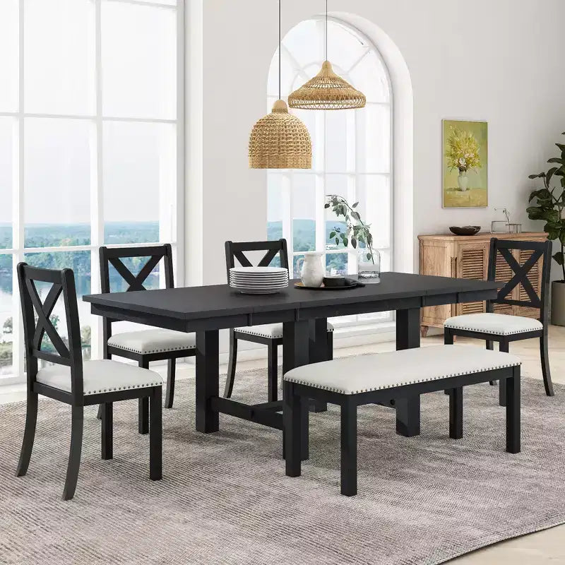 Tavolo da pranzo allungabile Whisen Farmhouse 6 pezzi con 4 sedie imbottite e panca