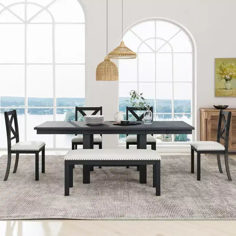 Tavolo da pranzo allungabile Whisen Farmhouse 6 pezzi con 4 sedie imbottite e panca