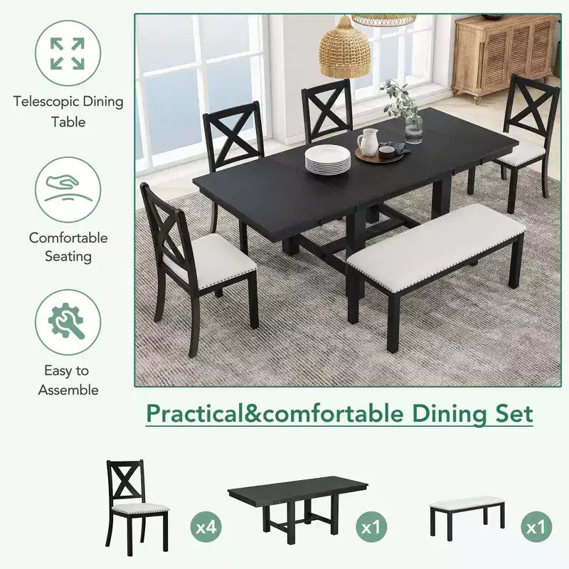 Tavolo da pranzo allungabile Whisen Farmhouse 6 pezzi con 4 sedie imbottite e panca