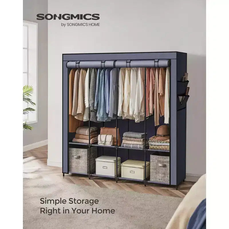 SONGMICS Portable Closet, Wardrobe Closet Organizer with Cover, 4 Hanging Rods and Shelves, 4 Side Pockets, 66.9 x 17.7 x 65.7 Inches, Large Capacity