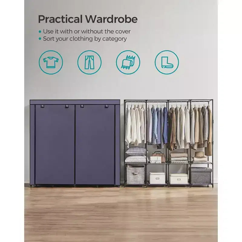 SONGMICS Armadio Portatile, Organizzatore per Armadio con Copertura, 4 Aste Appendiabiti e Ripiani, 4 Tasche Laterali, 170 x 45 x 167 cm, Grande Capacità