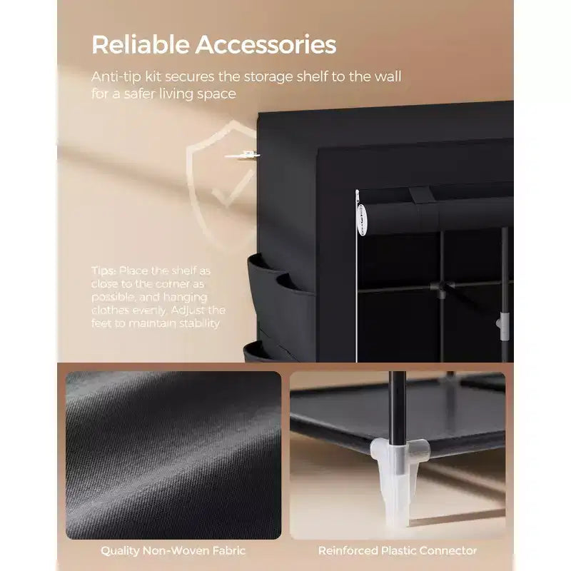 SONGMICS Armadio Portatile, Organizzatore per Armadio con Copertura, 4 Aste Appendiabiti e Ripiani, 4 Tasche Laterali, 170 x 45 x 167 cm, Grande Capacità