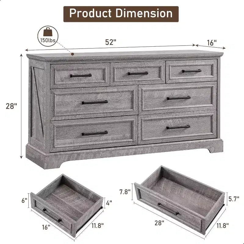 Cassettiera ampia 52" in stile rustico con 7 cassetti per camera da letto, cassettiera in legno con texture naturale per camera da letto, soggiorno