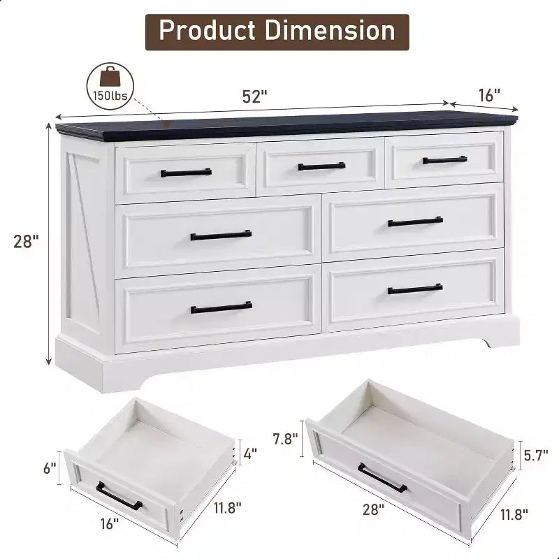 Cassettiera ampia 52" in stile rustico con 7 cassetti per camera da letto, cassettiera in legno con texture naturale per camera da letto, soggiorno