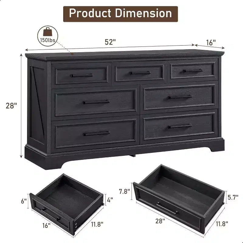 Cassettiera ampia 52" in stile rustico con 7 cassetti per camera da letto, cassettiera in legno con texture naturale per camera da letto, soggiorno