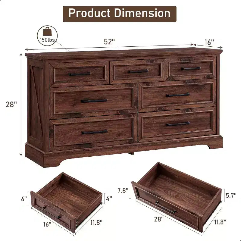 Cassettiera ampia 52" in stile rustico con 7 cassetti per camera da letto, cassettiera in legno con texture naturale per camera da letto, soggiorno