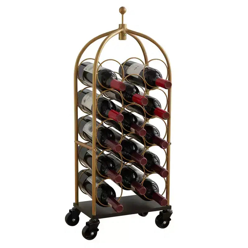 Kings Brand Furniture - Scaffale portabottiglie da vino con carrello portabagagli, scaffale portabottiglie da vino in metallo da pavimento autoportante, supporti per bottiglie di vino (oro/nero)
