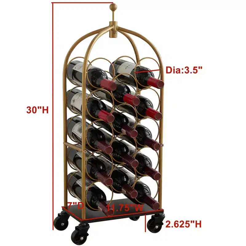 Kings Brand Furniture - Scaffale portabottiglie da vino con carrello portabagagli, scaffale portabottiglie da vino in metallo da pavimento autoportante, supporti per bottiglie di vino (oro/nero)