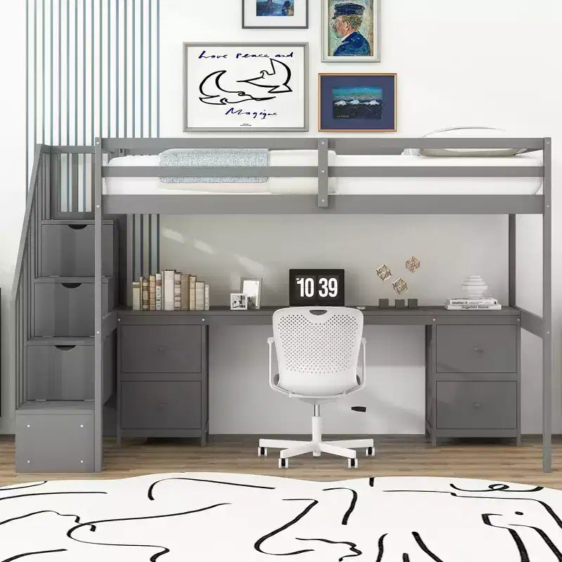 Struttura Letto a Soppalco Singolo con Scrivania Incorporata, Scala Contenitore e 4 Cassetti - ModernLuxe