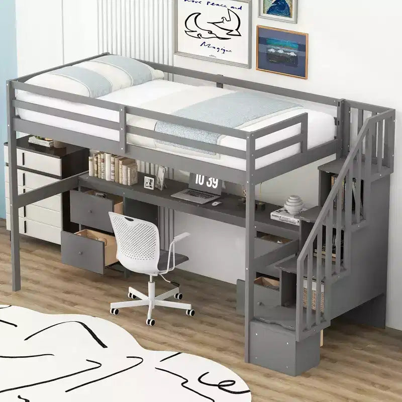 Struttura Letto a Soppalco Singolo con Scrivania Incorporata, Scala Contenitore e 4 Cassetti - ModernLuxe