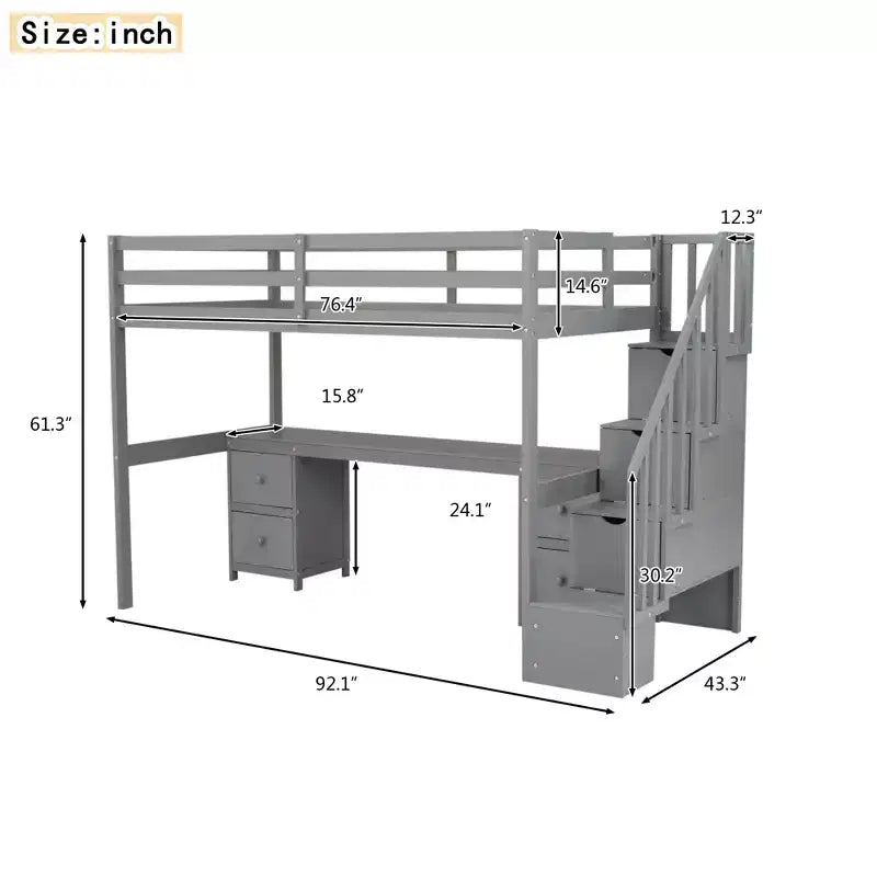 Struttura Letto a Soppalco Singolo con Scrivania Incorporata, Scala Contenitore e 4 Cassetti - ModernLuxe