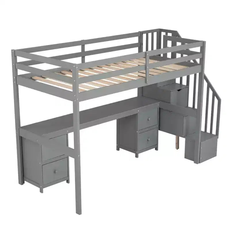 Struttura Letto a Soppalco Singolo con Scrivania Incorporata, Scala Contenitore e 4 Cassetti - ModernLuxe