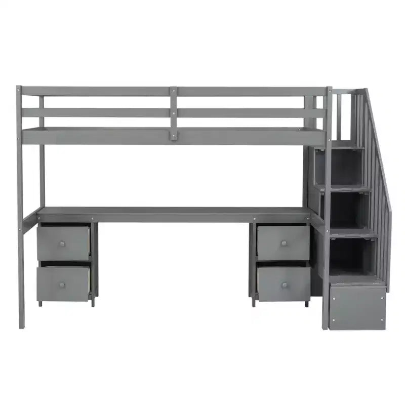 Struttura Letto a Soppalco Singolo con Scrivania Incorporata, Scala Contenitore e 4 Cassetti - ModernLuxe