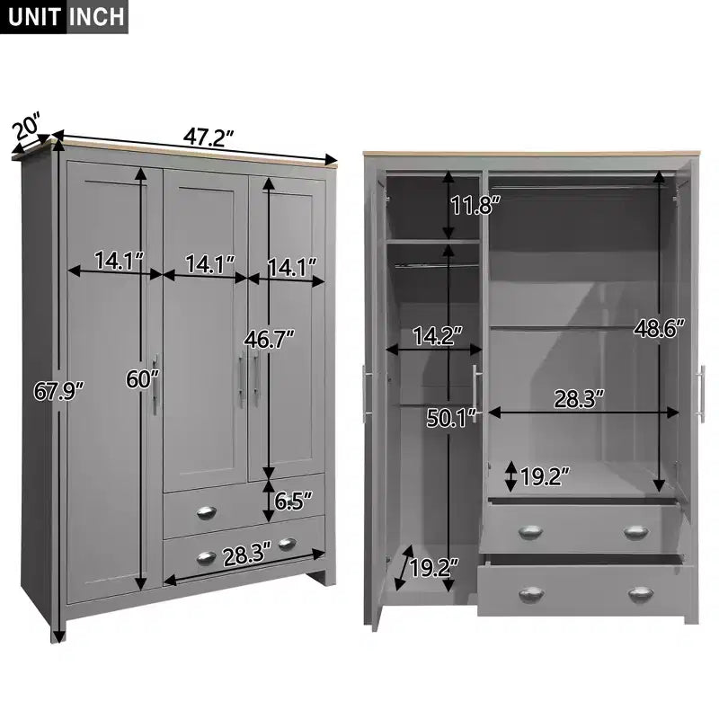 Guardaroba/Armadio a 3 Ante con Ripiani e Due Aste Appendiabiti, Grigio - ModernLuxe