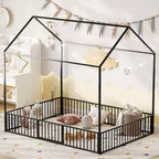 House Bed for Kids, Montessori Floor Bed for Kids, Metal House Bed with Door, Kids Floor Bed Frame, Montessori Floor Bed with Fence