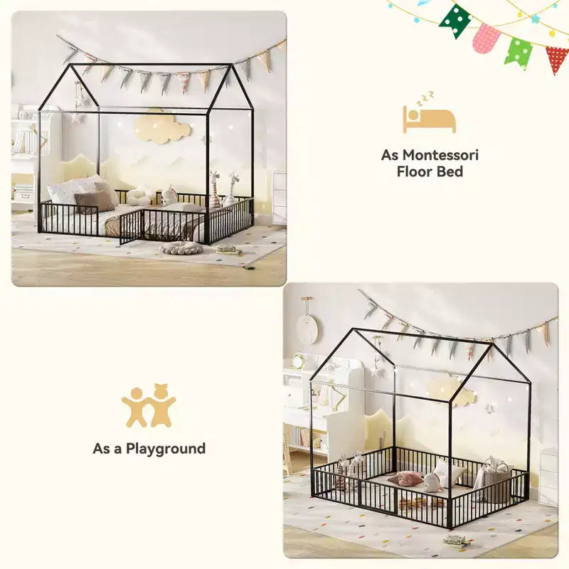 Letto a casetta per bambini, Letto Montessori a pavimento per bambini, Letto a casetta in metallo con porta, Struttura letto a pavimento per bambini, Letto Montessori a pavimento con sponde