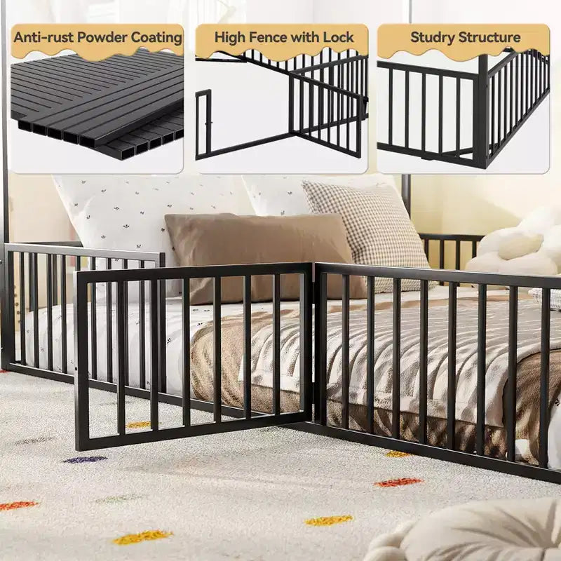 Letto a casetta per bambini, Letto Montessori a pavimento per bambini, Letto a casetta in metallo con porta, Struttura letto a pavimento per bambini, Letto Montessori a pavimento con sponde