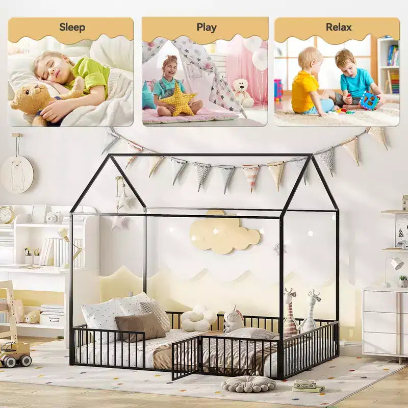 Letto a casetta per bambini, Letto Montessori a pavimento per bambini, Letto a casetta in metallo con porta, Struttura letto a pavimento per bambini, Letto Montessori a pavimento con sponde