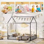 Letto a casetta per bambini, Letto Montessori a pavimento per bambini, Letto a casetta in metallo con porta, Struttura letto a pavimento per bambini, Letto Montessori a pavimento con sponde
