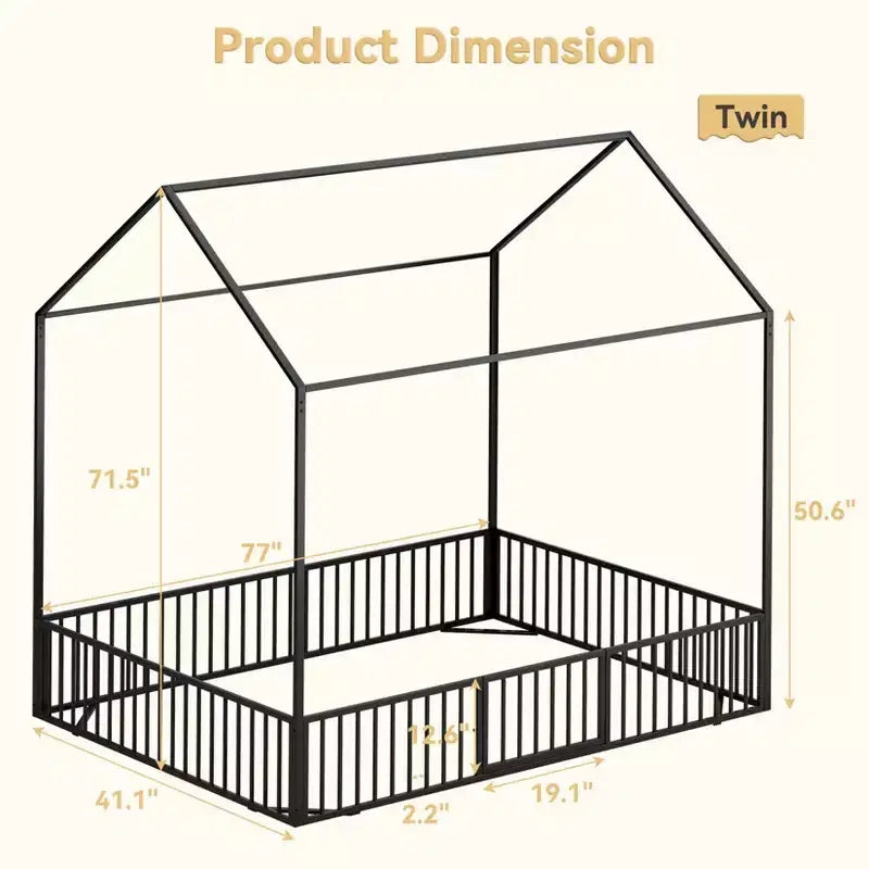 Letto a casetta per bambini, Letto Montessori a pavimento per bambini, Letto a casetta in metallo con porta, Struttura letto a pavimento per bambini, Letto Montessori a pavimento con sponde