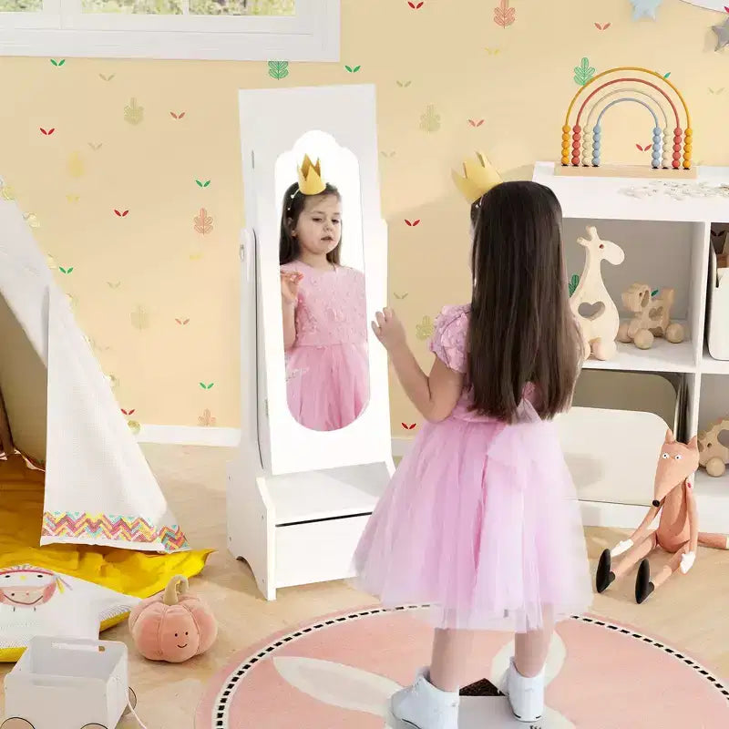 Costway Set da toeletta per bambini Tavolo e sedia da trucco per principesse con armadietto portagioie Bianco/Rosa