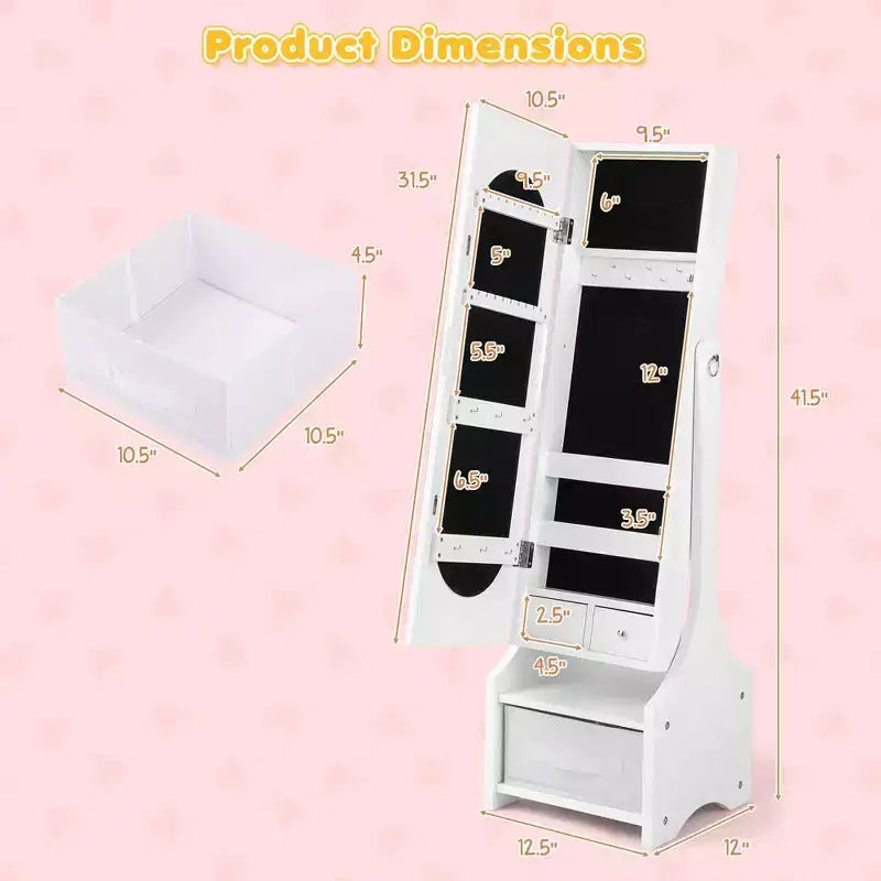 Costway Set da toeletta per bambini Tavolo e sedia da trucco per principesse con armadietto portagioie Bianco/Rosa