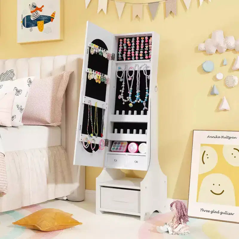 Costway Set da toeletta per bambini Tavolo e sedia da trucco per principesse con armadietto portagioie Bianco/Rosa