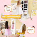 Costway Set da toeletta per bambini Tavolo e sedia da trucco per principesse con armadietto portagioie Bianco/Rosa