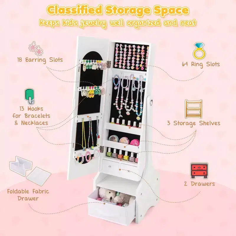 Costway Set da toeletta per bambini Tavolo e sedia da trucco per principesse con armadietto portagioie Bianco/Rosa
